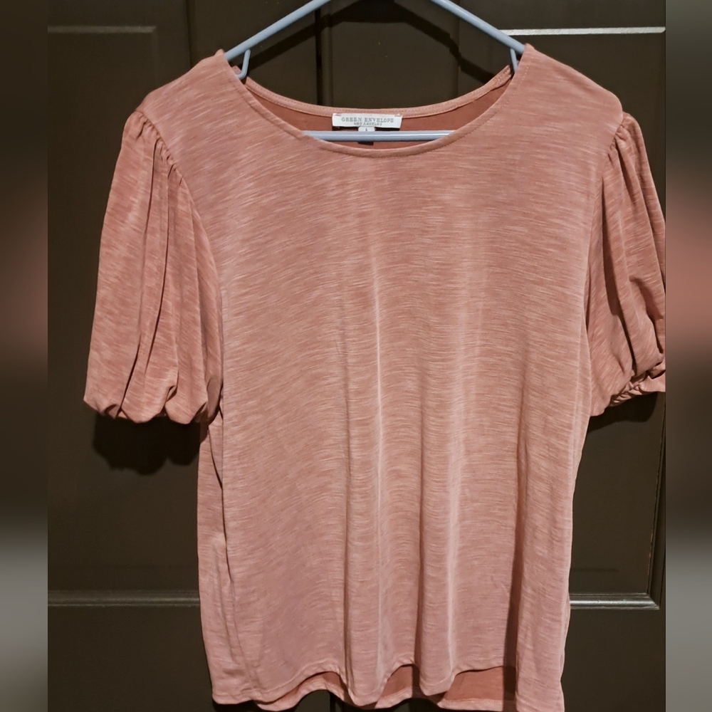Green Envelope Pink Ruffled 3/4 Sleeve Blouse